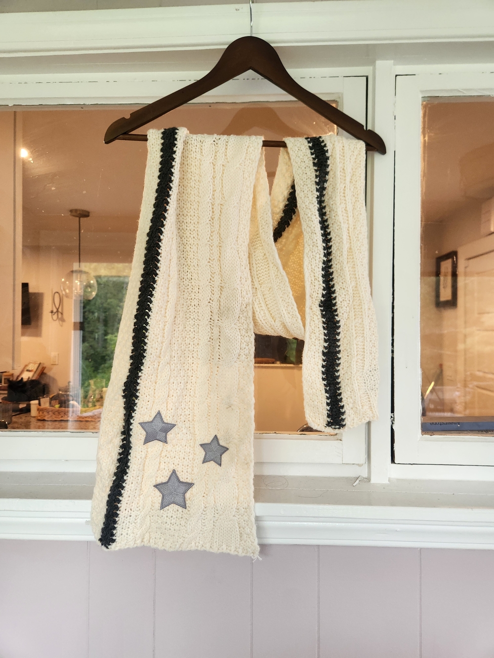 Taylor Swift FolkloreCream Cable Knit Scarf with Black Stripe and Star Appliqués